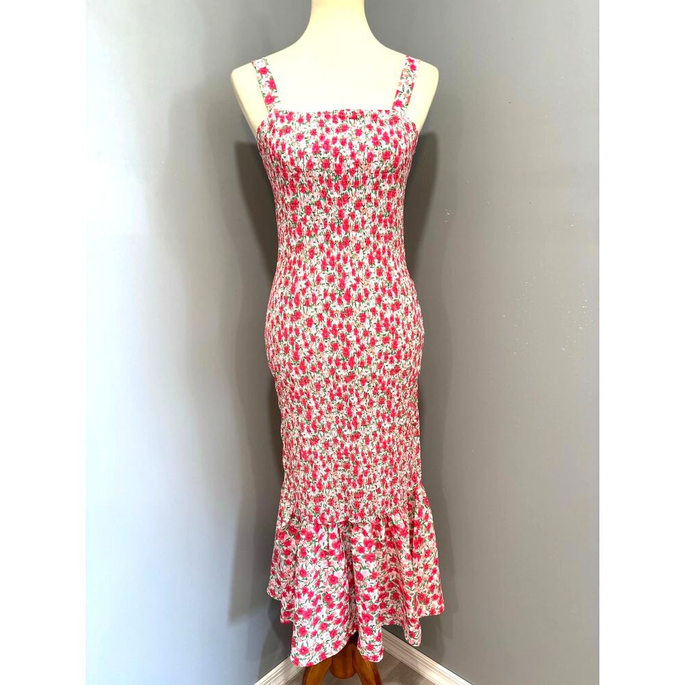 Pink Floral Smocked Maxi Dress Pretty Garden Spring Summer, Size Medium
